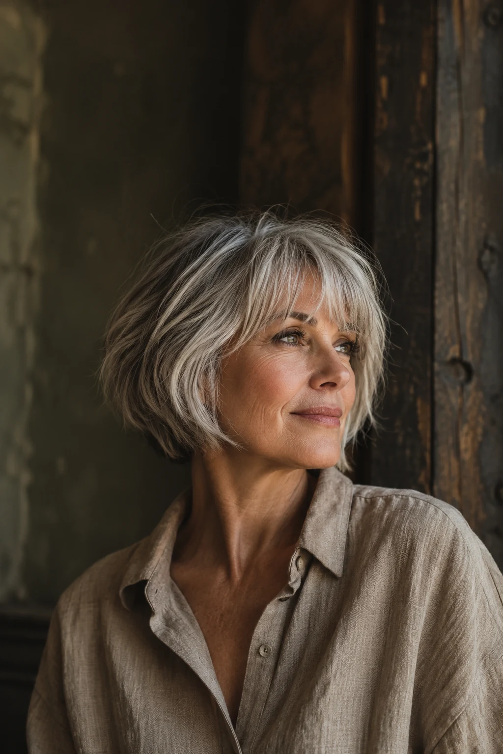 Editorial portrait showing a softly textured silver bob